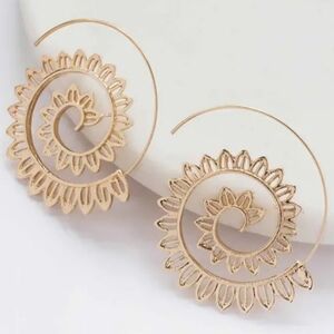 Gold Leaf Spiral Swirl Statement Hoop Earrings Leaves Fringe Hoops Botanical